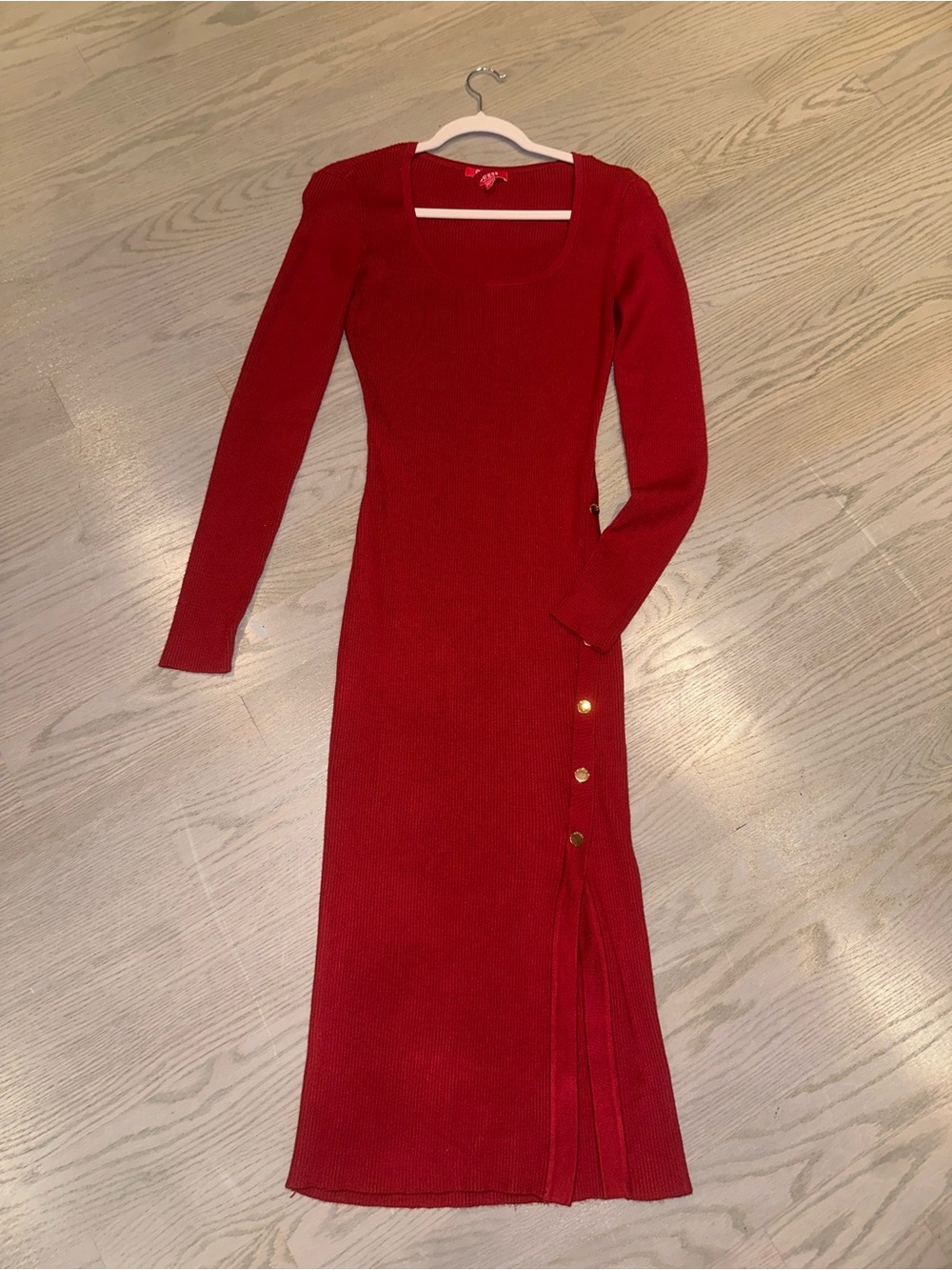 GUESS Red Long Sleeve Ribbed Midi Dress with Side Button Detail